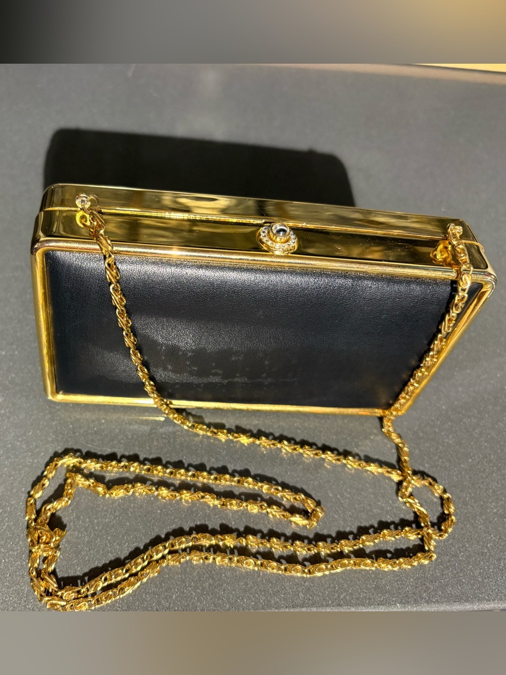 Vintage Valerie Stevens Structured Box Clutch Evening Bag, Black & Gold w/ chain